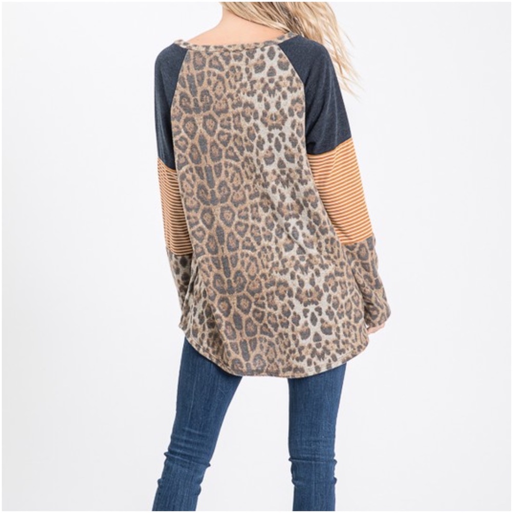 01 Leopard Print Striped Loose Fit  Top - Picture 5 of 7